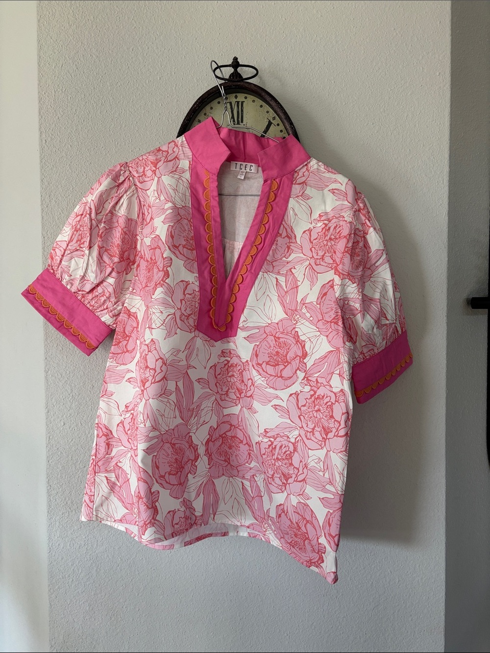 TCEC Pink Floral Split V-Neck Blouse
